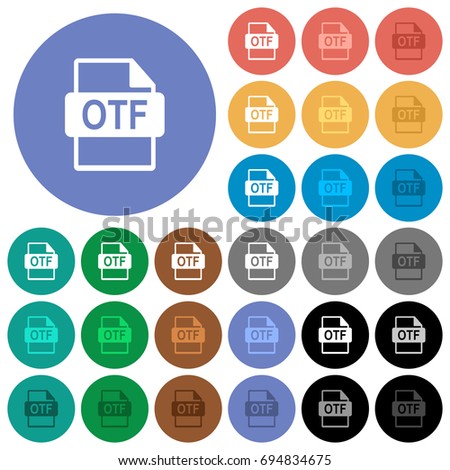 OTF file format multi colored flat icons on round backgrounds. Included white, light and dark icon variations for hover and active status effects, and bonus shades on black backgounds.