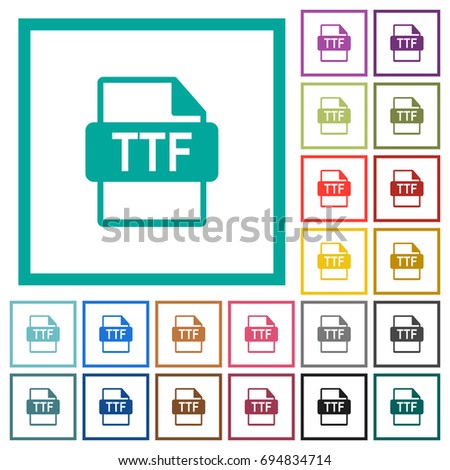 TTF file format flat color icons with quadrant frames on white background