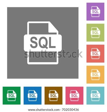 SQL file format flat icons on simple color square backgrounds