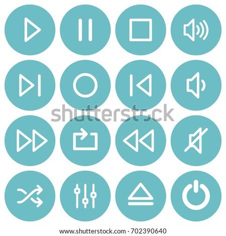 Set of flat media player icons on round glaucous background.