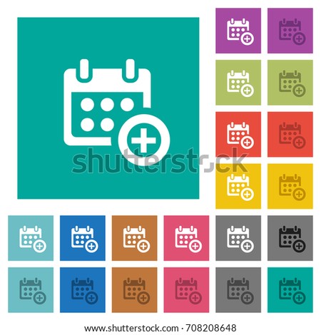 Add to calendar multi colored flat icons on plain square backgrounds. Included white and darker icon variations for hover or active effects.