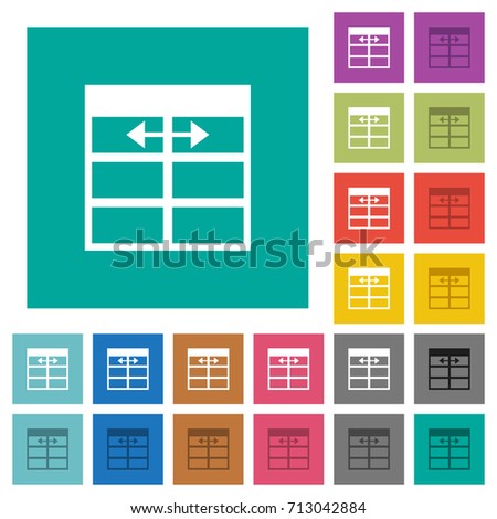 Spreadsheet adjust table column width multi colored flat icons on plain square backgrounds. Included white and darker icon variations for hover or active effects.