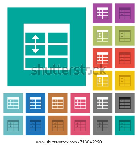 Spreadsheet adjust table row height multi colored flat icons on plain square backgrounds. Included white and darker icon variations for hover or active effects.