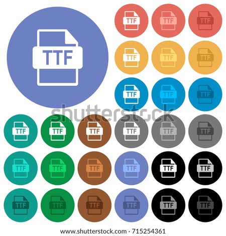 TTF file format multi colored flat icons on round backgrounds. Included white, light and dark icon variations for hover and active status effects, and bonus shades on black backgounds.