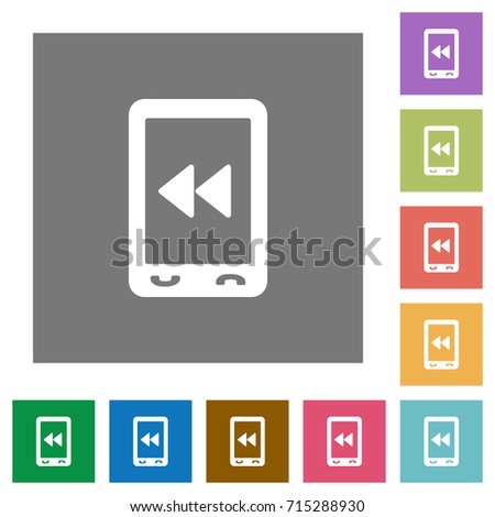 Mobile media fast backward flat icons on simple color square backgrounds