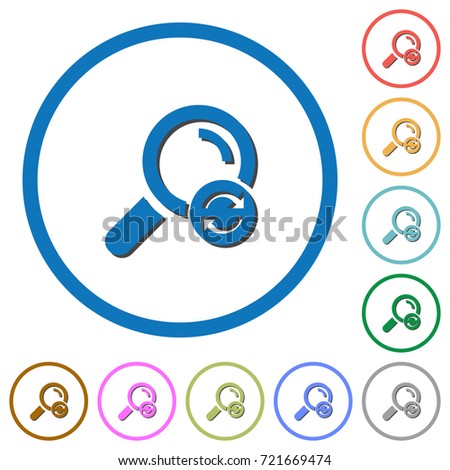 Reset search flat color vector icons with shadows in round outlines on white background