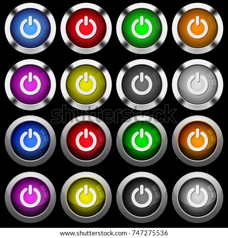 Power switch white icons in round glossy buttons with steel frames on black background.
The buttons are in two different styles and eight colors.