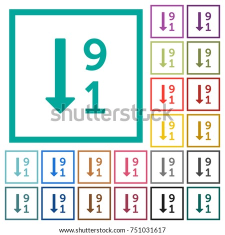 Descending numbered list flat color icons with quadrant frames on white background