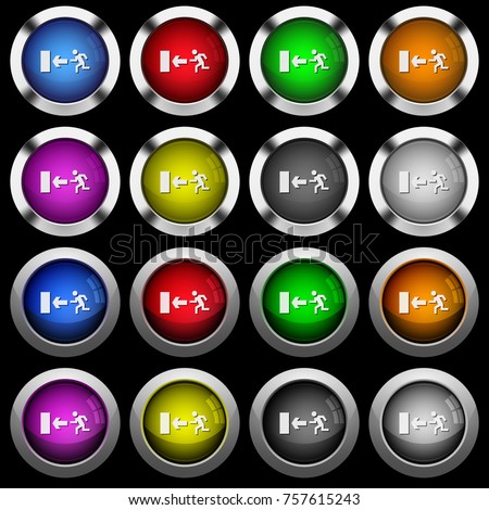 Exit sign white icons in round glossy buttons with steel frames on black background. The buttons are in two different styles and eight colors.