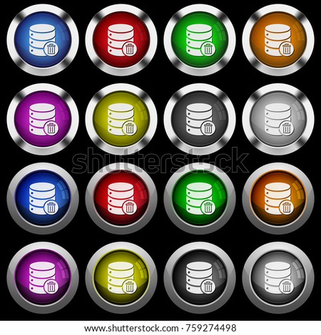 Delete from database white icons in round glossy buttons with steel frames on black background. The buttons are in two different styles and eight colors.