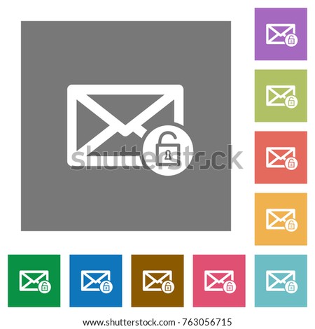 Unlock mail flat icons on simple color square backgrounds