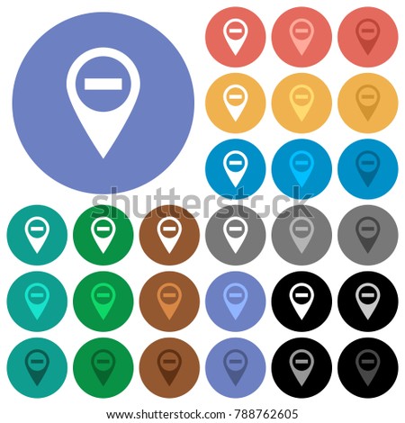 Remove GPS map location multi colored flat icons on round backgrounds. Included white, light and dark icon variations for hover and active status effects, and bonus shades on black backgounds.