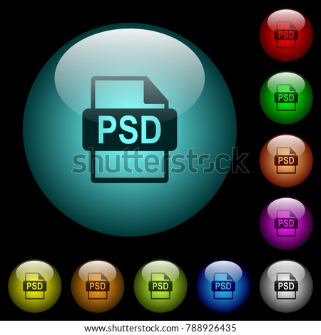 PSD file format icons in color illuminated spherical glass buttons on black background. Can be used to black or dark templates