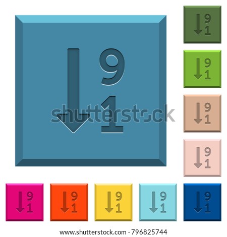 Descending numbered list engraved icons on edged square buttons in various trendy colors
