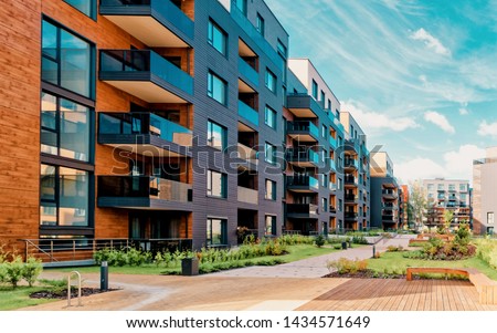 Europe modern complex of residential apartment buildings complex condo. And outdoor facilities. Mixed media.