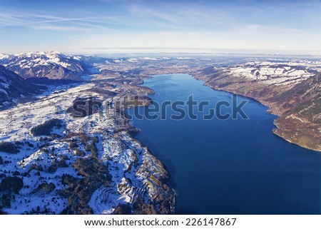 Thun Lake aerial view in winter Jungfrau region Switzerland
