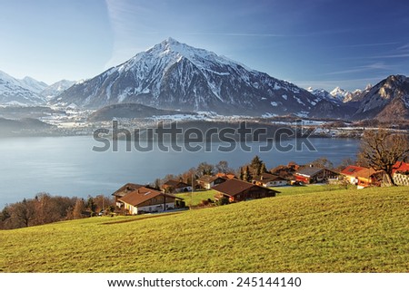 Beautiful panoramic lake view in Swiss mountains near the Thun lake in winter