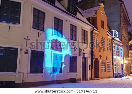 RIGA, LATVIA - DECEMBER 28, 2014: Traditional restaurant exterior in Riga\'s Old Town, Latvia