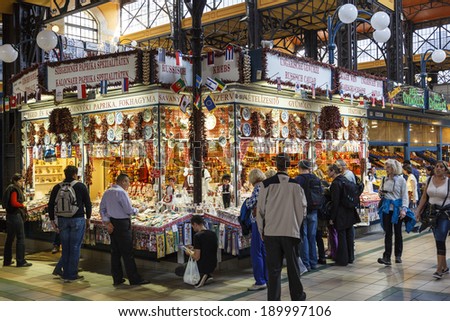 BUDAPEST, HUNGARY - 29 APRIL, 2014: People shopping in the Great Market Hall on April 29, 2014 in Budapest, Hungary. Great Market Hall is the largest indoor market in Budapest, it was built in 1896.