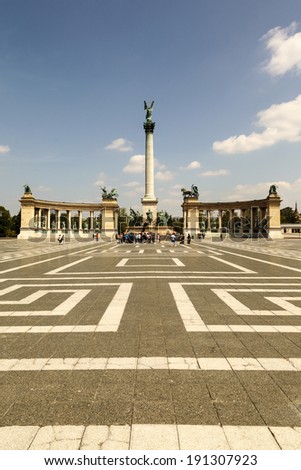 HEROES SQUIRE BUDAPEST MAY 6 2014: All leading Hungarian Kings and Leaders statues stands with honor with the unknown solders monument on Heroes Square (Hosok Tere), Millennium.  Hungary