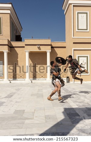 ROME, ITALY, MAY 26 2014: Birth of Rome festival - performing fight  of gladiators and all other ancient ceremony, the parade of 2,000 actors from 11 European countries.,  Rome on May 26, 2014