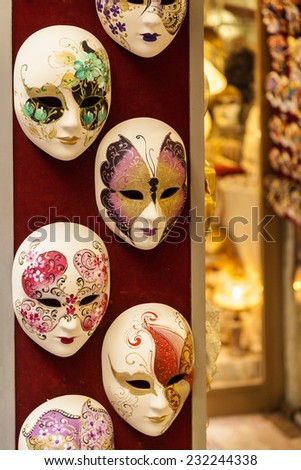 VENICE - JUN  2 2014: street carnival mask shop on  in Venice, Italy. The Carnival of Venice is an annual festival, held in Venice, Italy where many visitors come just come to see this event. .