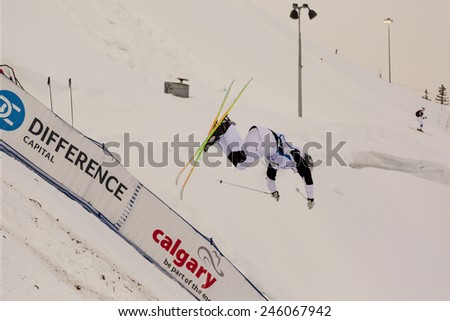 CALGARY CANADA JAN 3 2015. FIS Freestyle Ski World Cup, Winsport, Calgary Ms. Maxime  Dufour-Lapointe from Canada at the Mogul Free Style World Cup on race day.