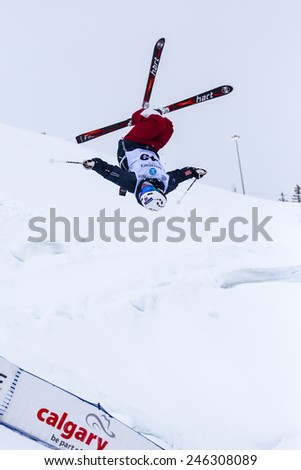 CALGARY CANADA JAN 3 2015. FIS Freestyle Ski World Cup, Winsport, Calgary Mr. Tevje Andersen  from Norway at the Mogul Free Style World Cup on race day.