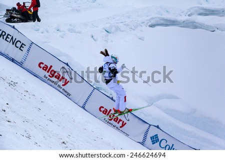 CALGARY CANADA JAN 2 2015. FIS Freestyle Ski World Cup, Winsport, Calgary Ms. Julie Bergeron   from Canada at the Mogul Free Style World Cup on practice day.