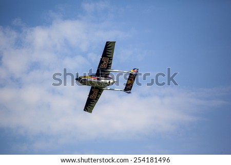 BUDAPEST, HUNGARY - APRIL 30:  Aerobatics planes fly-by   at Budaors airport These planes are designed for aerobatic and tanning  flights on April 30, 2014 near Budapest, Hungary.