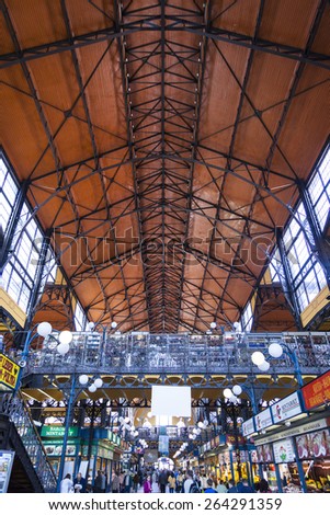 BUDAPEST, HUNGARY - 29 APRIL, 2014: People shopping in the Great Market Hall on April 29, 2014 in Budapest, Hungary. Great Market Hall is the largest indoor market in Budapest, it was built in 1896.
