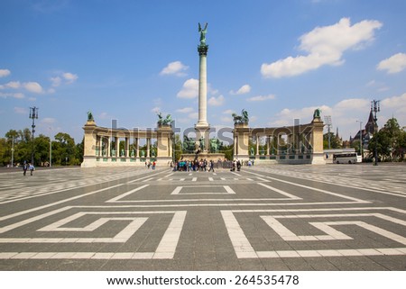 BUDAPEST -  MAY 12  2014: Tourists visit Millennium Monument in Heroes Square  in Budapest,  Hungary. This square has been UNESCO World Heritage site since 2002.