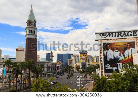 LAS VEGAS USA - JULY 6 2015: A panoramic view along Las Vegas Blvd showing some of the famous landmark hotels and casinos in Las Vegas. About 40 million people visiting the city each year.