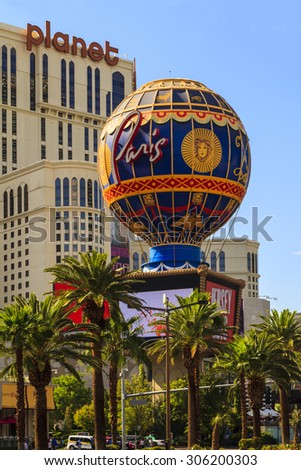 LAS VEGAS - JULY 8 2015: Paris Las Vegas hotel and Casino is shown  in Las Vegas, Nevada. The Paris hotel and casino were completed in April 1999. About 40 million people visiting the city each year.