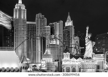 LAS VEGAS - JULY 8 2015: New York-New York located on the Las Vegas Strip is shown in Las Vegas. Replica of the Statue of Liberty is 150 ft (46 m) and the property opened in 1997.