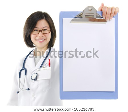 Asian female doctor showing blank writing pad on white background
