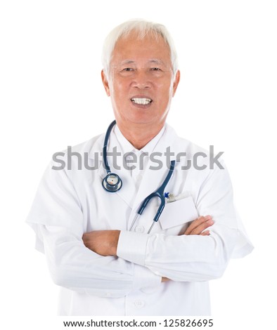 Senior adult Asian specialist medical doctor arms crossed smiling, isolated white background
