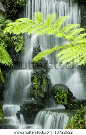 Japanese garden waterfalls, slow shutter.