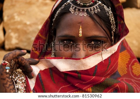 Traditional Indian woman covered her face
