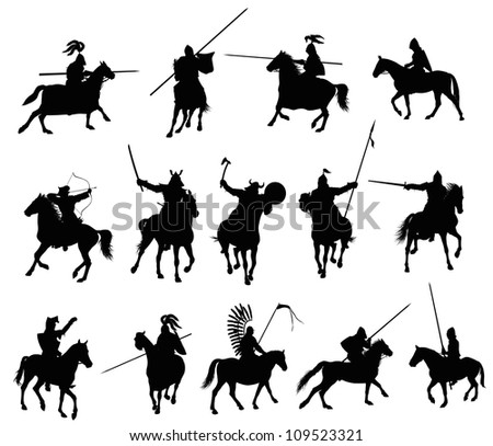 Knights And Medieval Warriors On Horseback Detailed Silhouettes Set ...