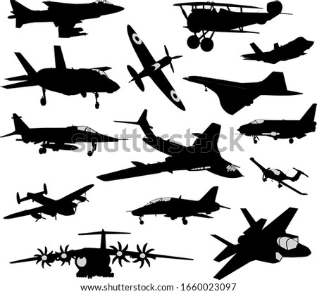 Military and civil vector aircraft silhouettes collection. Retro and modern