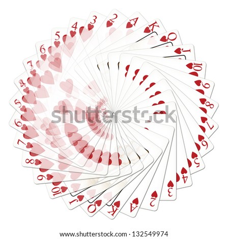My illustration of heart playing cards fanned in a circle with some transparency introduced to emphasize the heart theme.