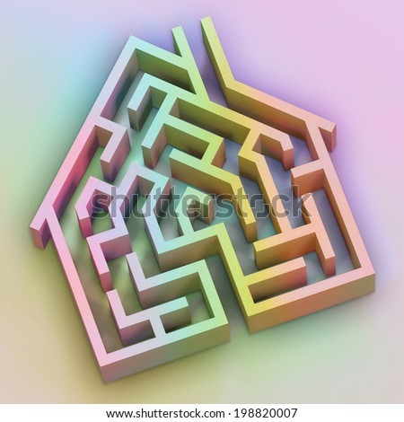 Digital illustration of a maze in the shape of a house.