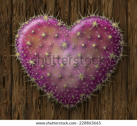 Digital illustration of a heart shaped prickly pear cactus against a paneled wood wall.