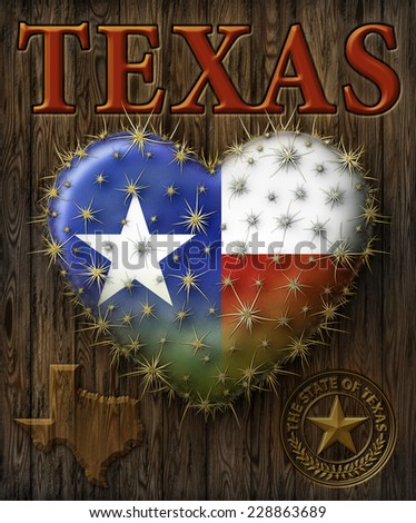 Digital Painting of a heart shaped prickly pear cactus with the Texas flag, map, my own custom Seal.