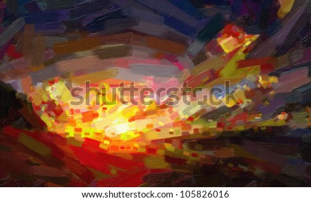 abstract sunrise and atlantic ocean. Digital structure of painting.