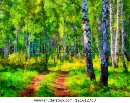 Digital structure of painting. Summer landscape in the forest