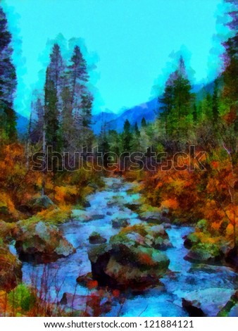 Digital structure of painting. Watercolor landscape in the forest