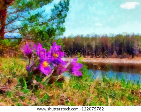 Digital structure of painting. Watercolor spring landscape on th