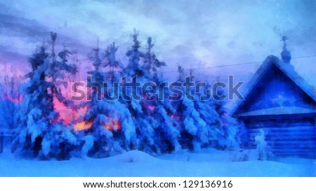 Digital structure of painting. Fir-trees covered with snow